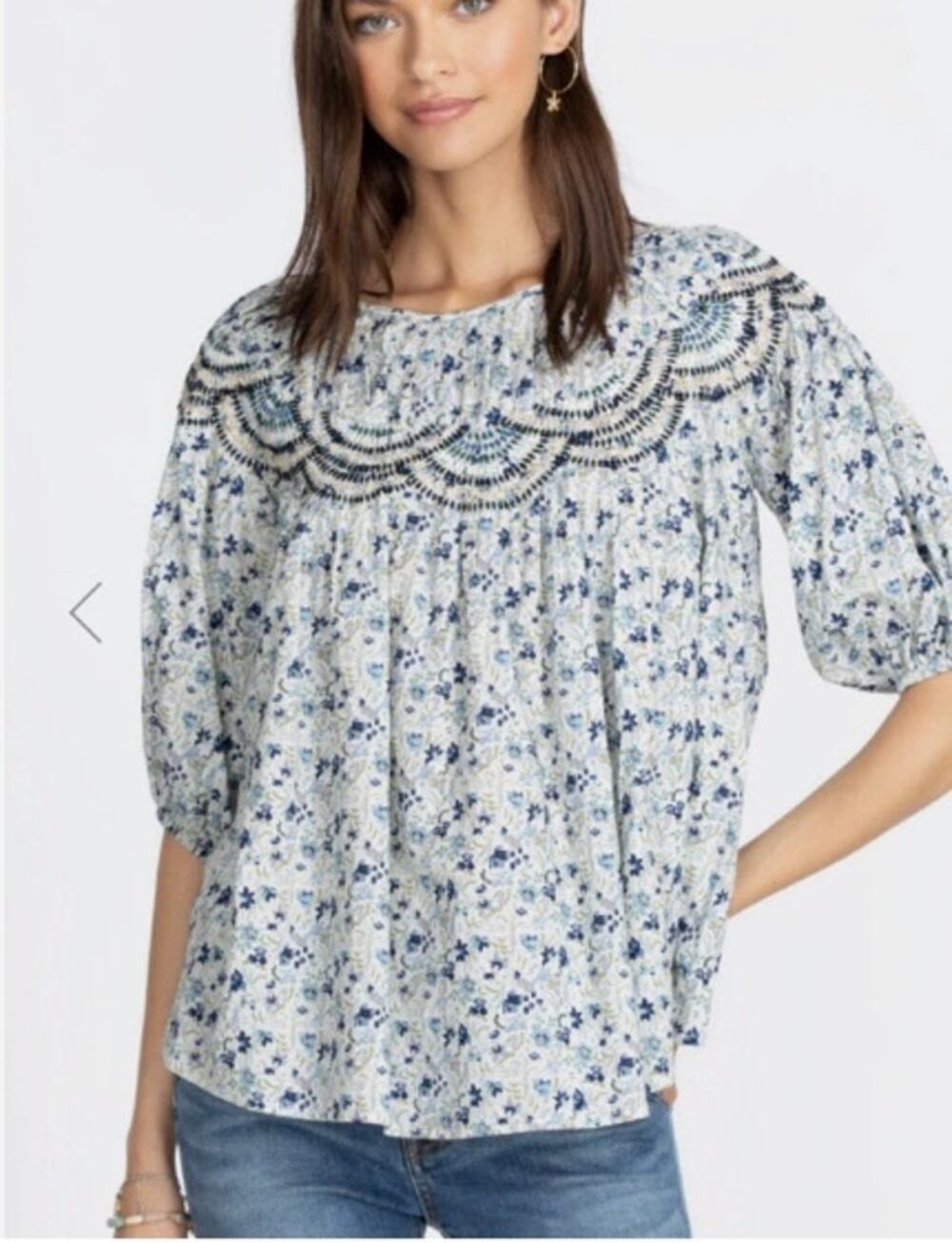 Johnny Was Tatiana Peasant Top Size Small | Jade Blue | Boho Embroidered Blouse